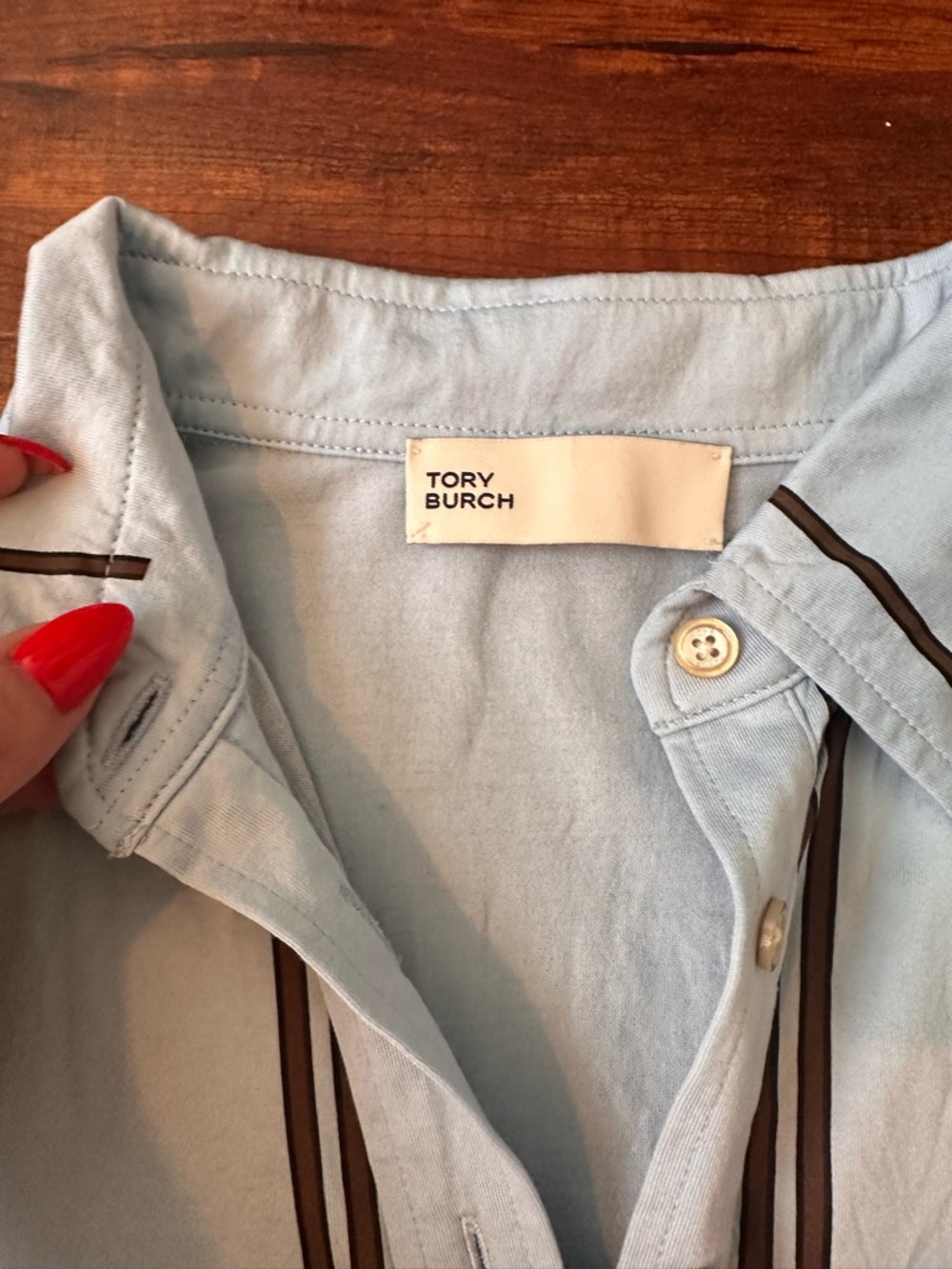 NWOT Tory Burch Light Blue Polo Tee with Brown Trim - Picture 5 of 6